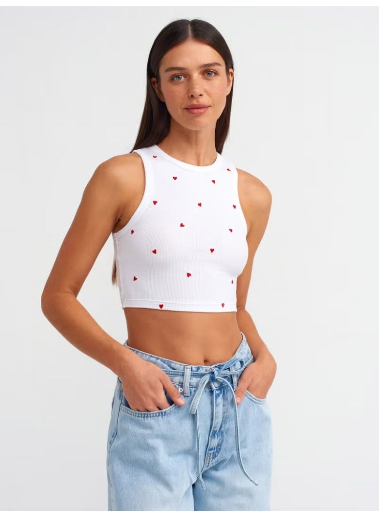 Dilvin 20819 Heart Embroidered Crop Top-White - Image 1